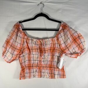 Abound Crop Top Womens NWT Size L Coral Pink Plaid‎ Smocked Elastic Waist